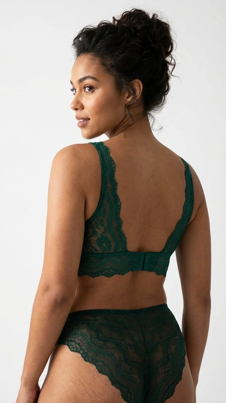 LunaIntim Zümrüt Yeşili Dantelli Bralet Sütyen Balensiz ve Desteksiz (Boş Kap) V Yaka Model - Genel Görünüm 1